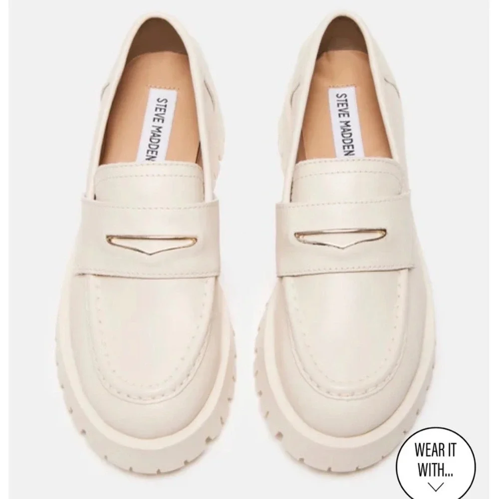 Steve Madden Lawrence Bone Leather Chunky Lug Sole Platform Loafers‎ 8M LAWR01S1